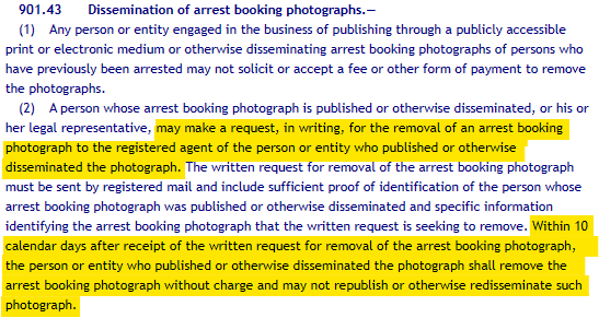 Florida dissemination of arrest booking photographs 
