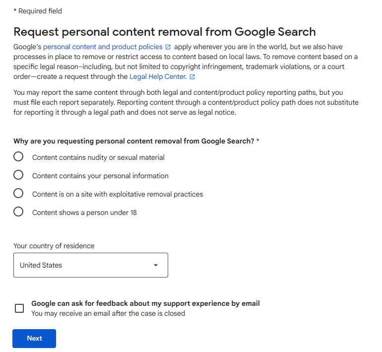 Request personal content removal from Google Search form