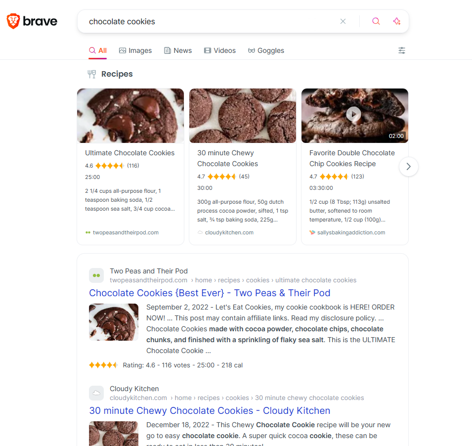 Brave search results for chocolate cookies