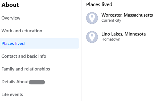 Facebook "Places lived" section in bio