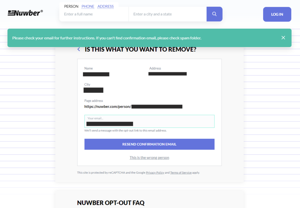 Nuwber removal page and email field