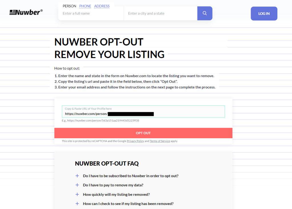 Nuwber opt out page