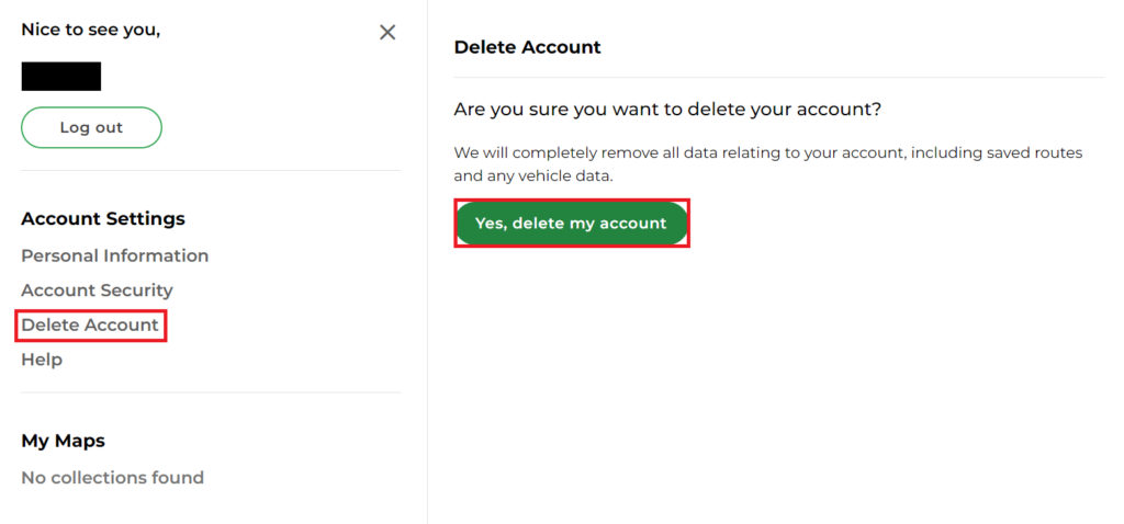 MapQuest "Delete Account" link and "Yes, delete my account" button 