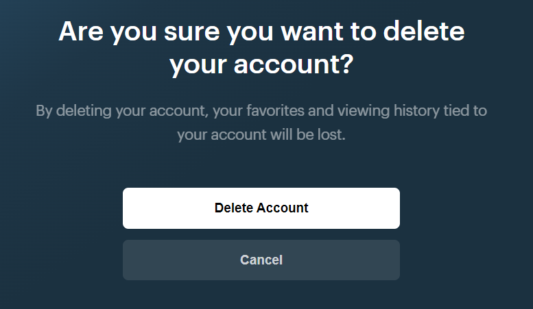 Fox.com "delete account" button on "are you sure you want to delete your account" page