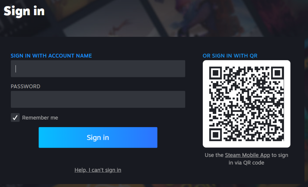 Steam sign in page