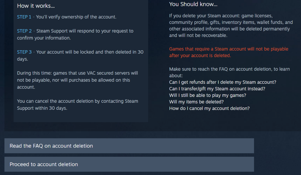 Steam informational page about how Steam account deletion works