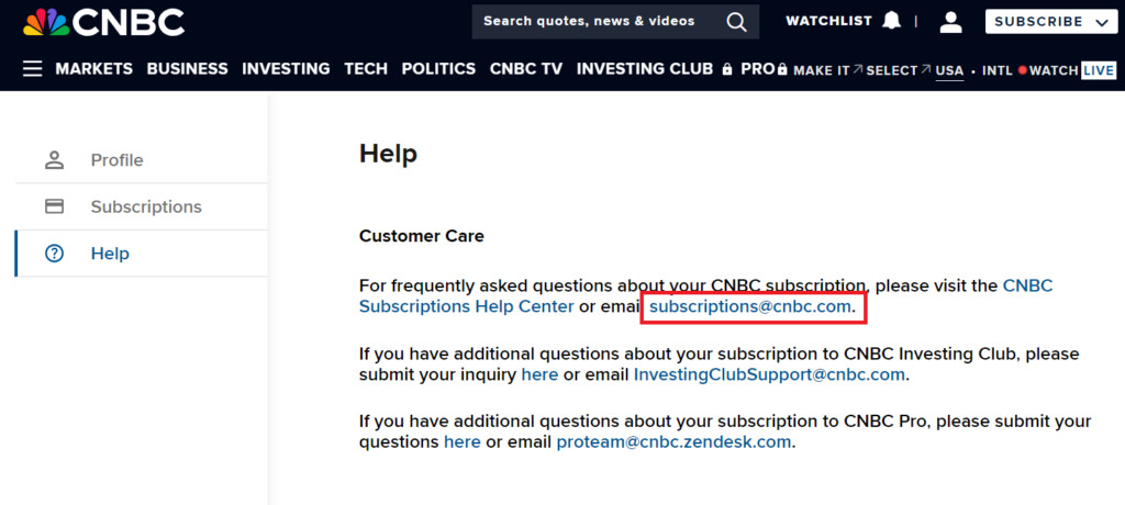 CNBC help page with email address 