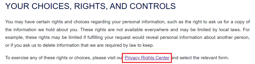 CBS News - Your choices, rights, and controls with a link to the Privacy Rights Center 
