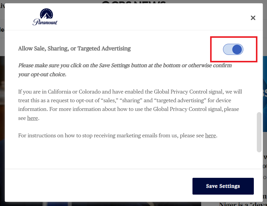 Paramount - toggle off "Allow sale, sharing, or targeted advertising" 