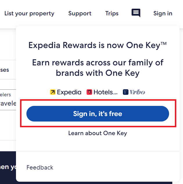 Expedia "Sign in, it's free" 