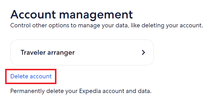 Expedia account management and "Delete account" link