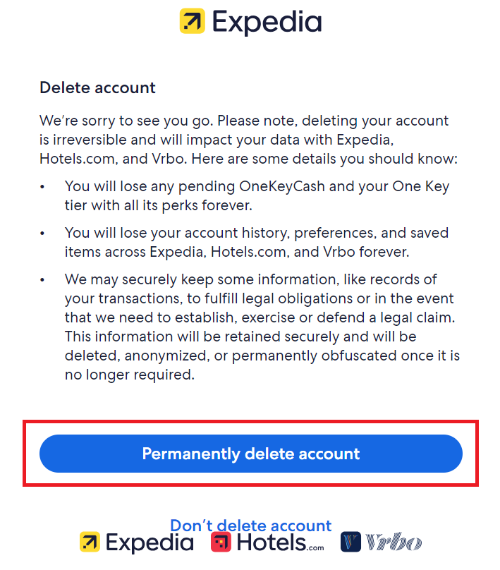 Expedia delete account informational page and "Permanently delete account" button