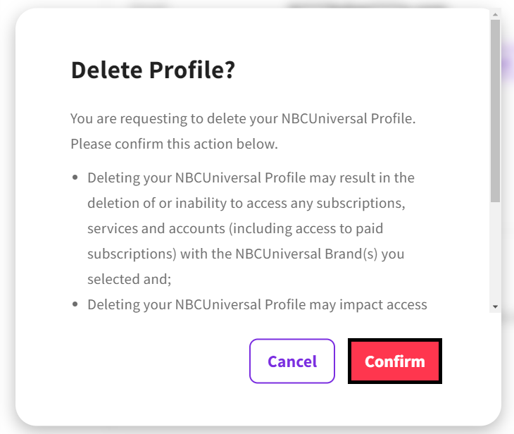 NBC News Delete Profile informational page