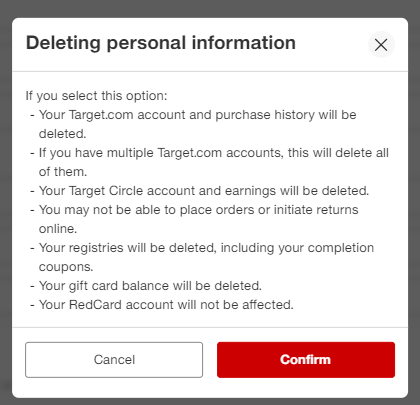 Target deleting personal information pop up 