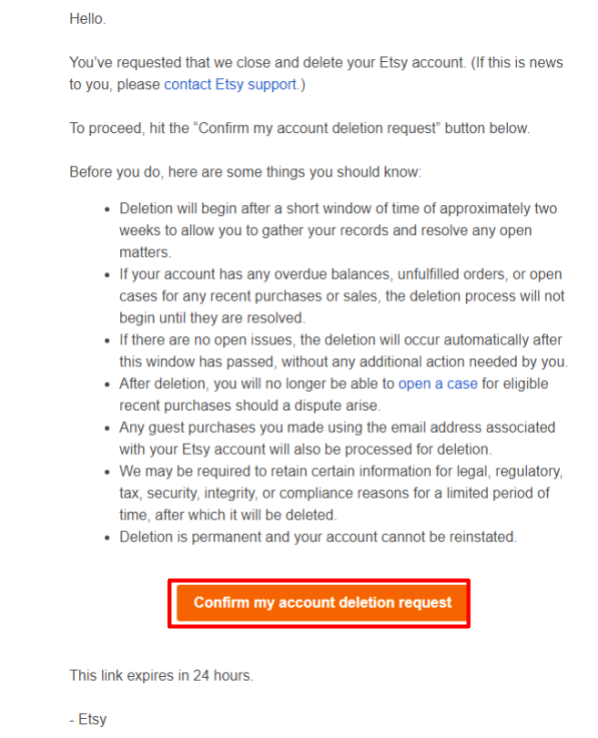 Etsy email about account deletion
