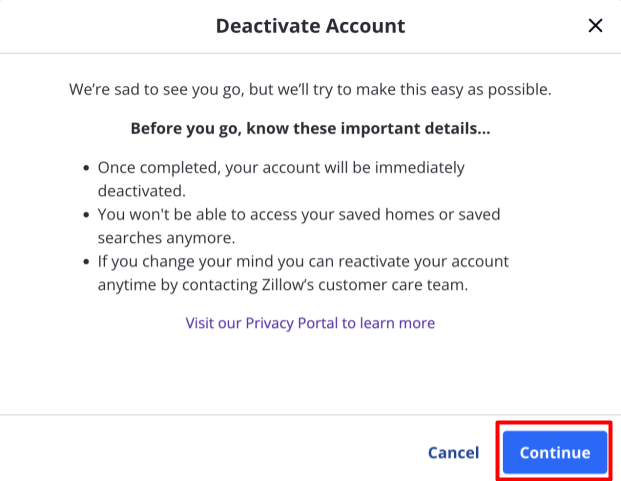 Zillow deactivate account information page and "Continue" button 