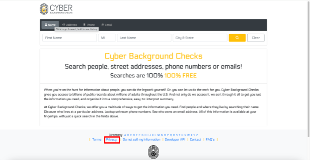 Cyber Background Checks footer and "Privacy" link