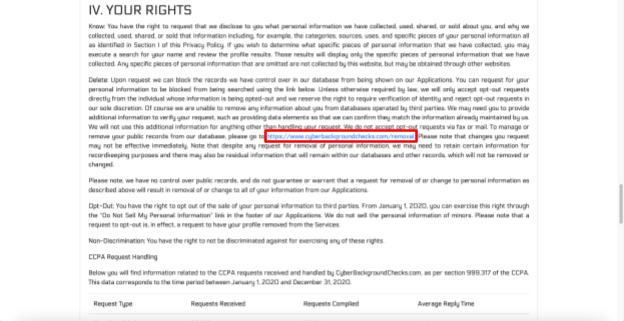 Cyber Background Checks privacy policy - IV. Your rights section and link to opt out form