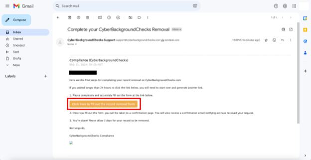 Email from Cyber Background Checks with a verification link