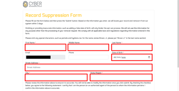 Cyber Background Checks record suppression form