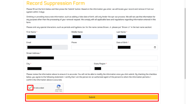 Cyber Background Checks record suppression form - "I'm not a robot" checkbox and "Submit" button