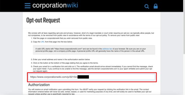 Corporation Wiki opt out request form profile URL