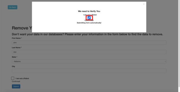 Infotracer opt out form confirming you're not a robot