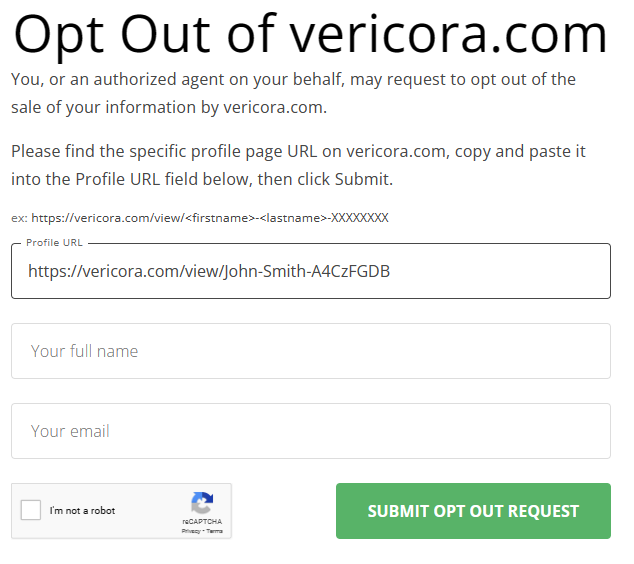 Vericora opt out form