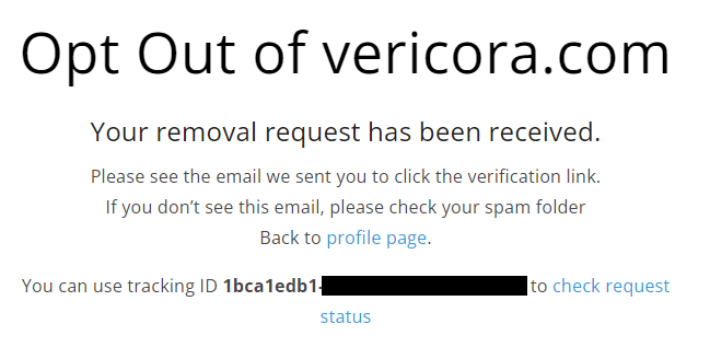 Vericora opt out request confirmation