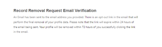 FastPeopleSearch record removal request email verification message