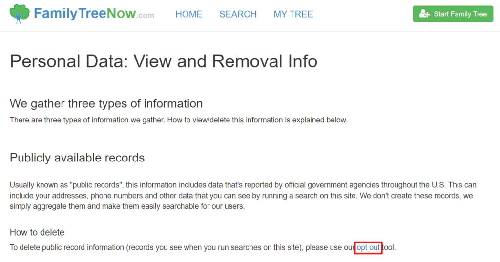 FamilyTreeNow informational page about removing your data and a link to opt out