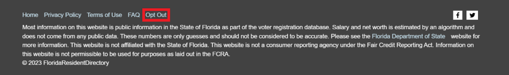 Florida Resident Database footer and opt out link