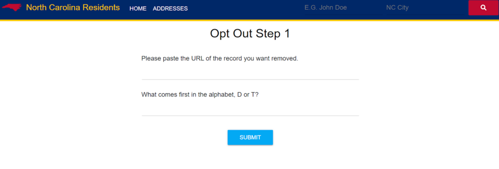 North Carolina Resident Database opt out step 1