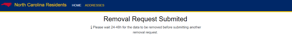 North Carolina Resident Database removal request submitted