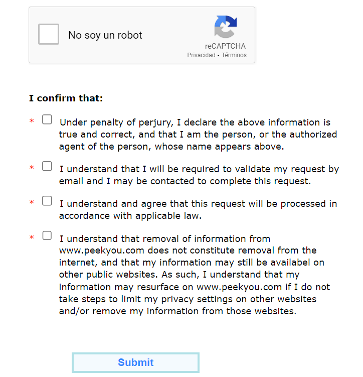 PeekYou opt out form