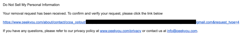PeekYou confirmation email