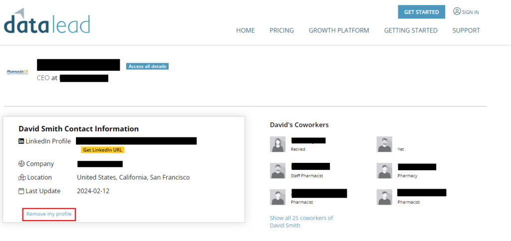 Data lead profile - "remove my profile" link