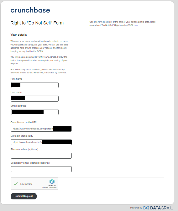 Crunchbase 'Right to "Do Not Sell" Form'