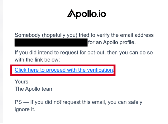 Apollo.io email with opt out verification link