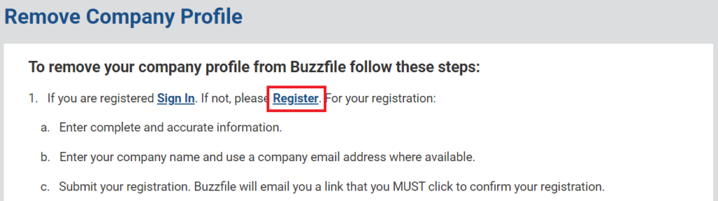 Buzzfile remove company profile instructions and "Register" link