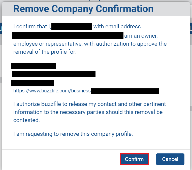 Buzzfile removal confirmation pop up