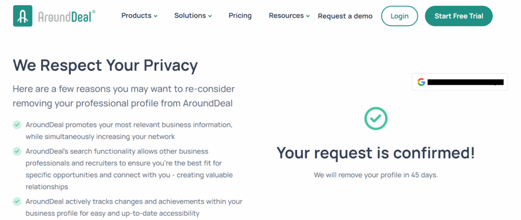 AroundDeal opt out request confirmation