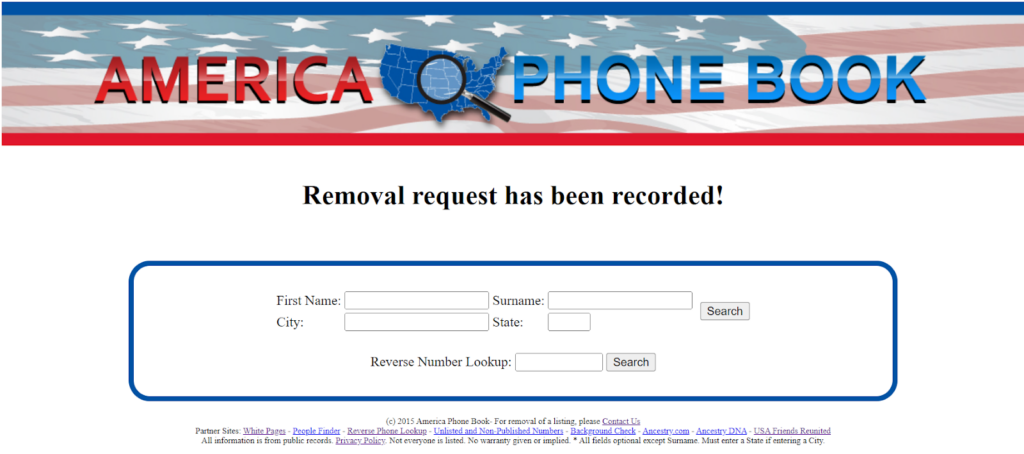 America Phone Book removal request recorded 