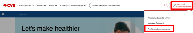 CVS "Account" link and "Profile and preferences"