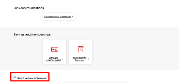 CVS "Submit a privacy rights request" link