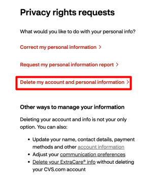 CVS Privacy rights requests page