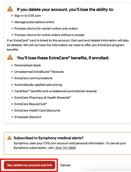 CVS "Yes, delete my account and info" button