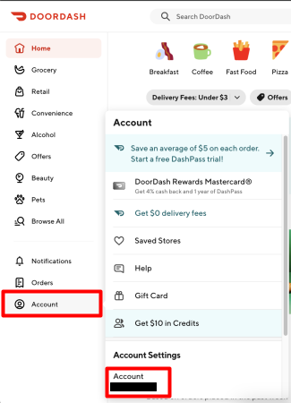 DoorDash Account page