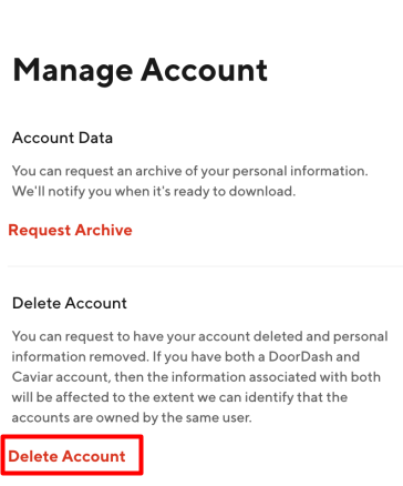 DoorDash Manage Account page and "Delete Account" link