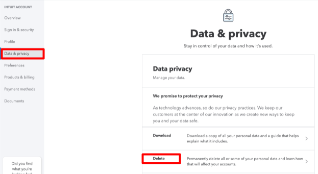 Intuit Data & privacy page and "Delete" button 